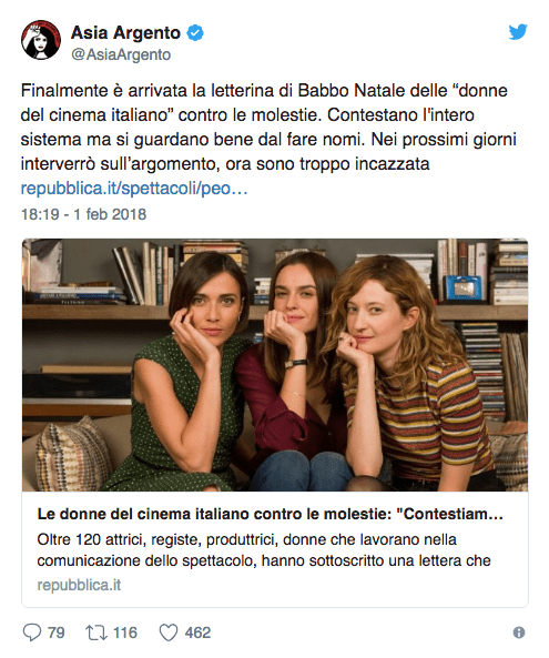 Le attrici italiane contro le molestie, la rabbia di Asia Argento