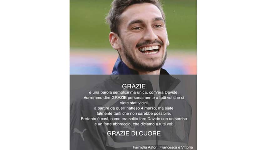 I ringraziamenti della famiglia Astori