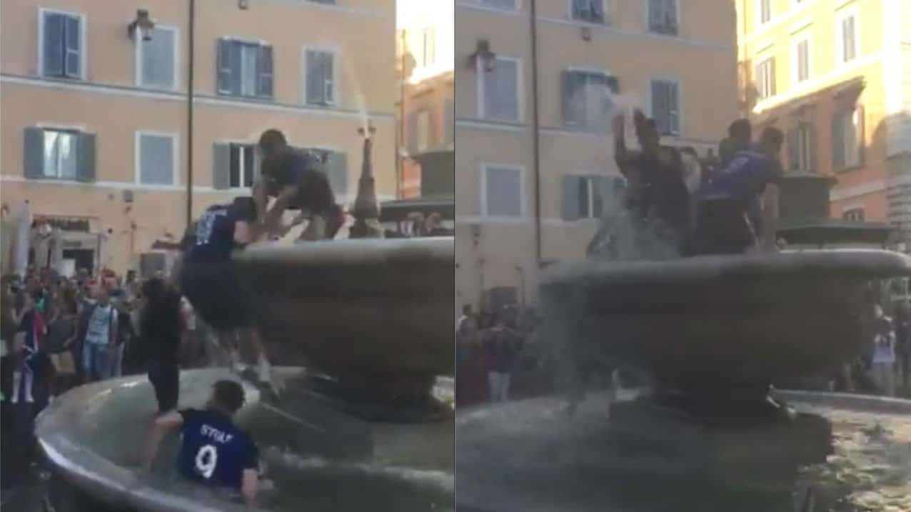 La Francia festeggia la vittoria Mondiale nella fonata di Campo de' Fiori a Roma
