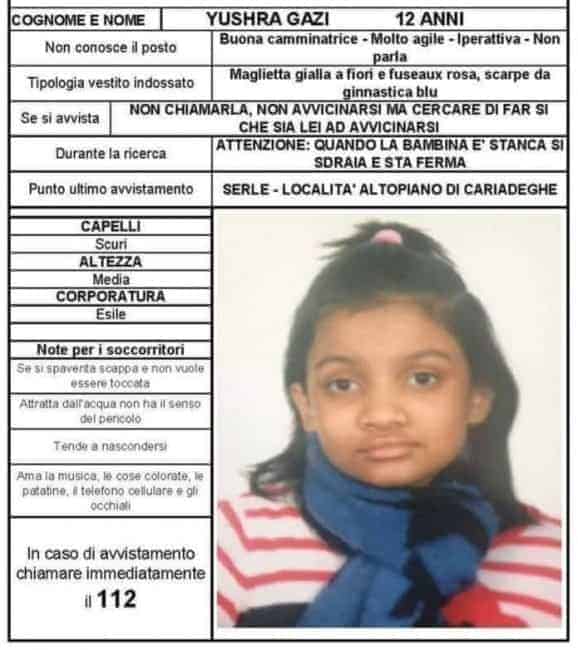iuschra bambina austistica scomparsa serle boschi ricerche cartello segnaletico