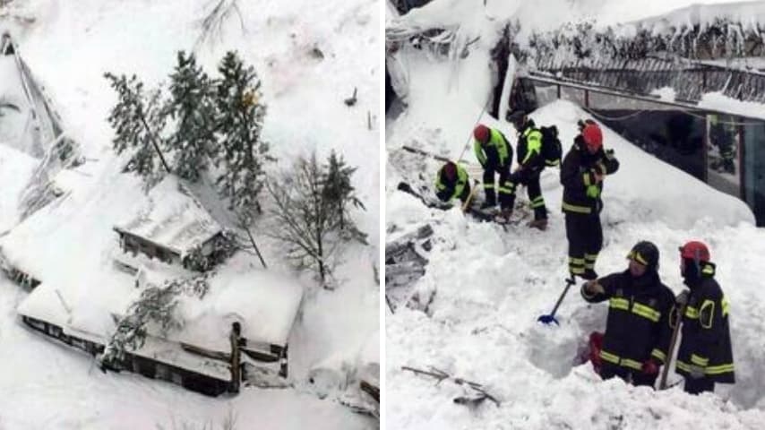 A sinistra le immagini aree dell'hotel dopo la slavina. A destra i soccorritori a lavoro ANSA(1)