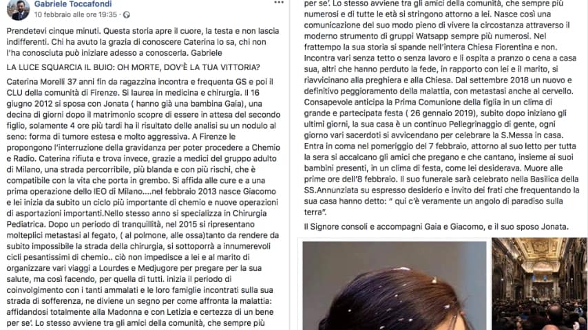 Il post del deputato per ricordare Caterina Morelli. Fonte: Gabriele Toccafondi/Facebook
