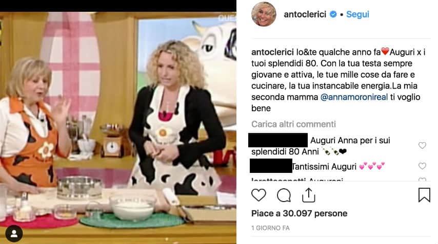 Antonella Clerici festeggia con Anna Moroni: per la chef sono 80 anni