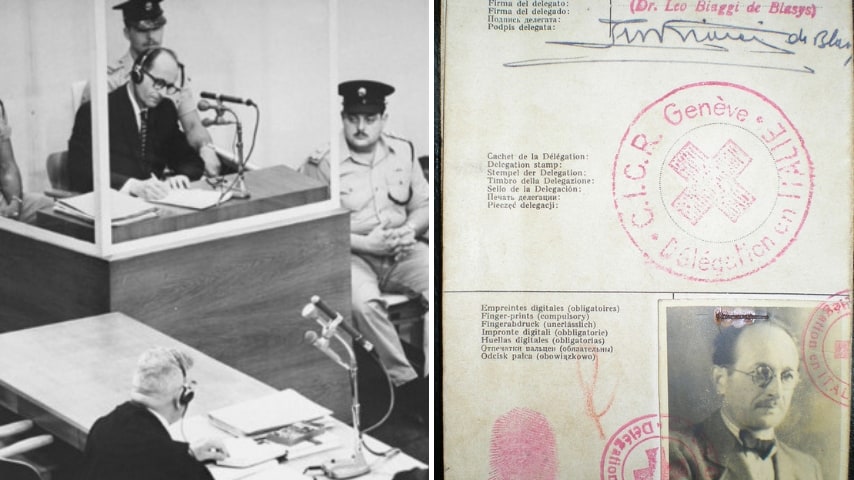 Adolf Eichmann durante il processo e il passaporto falso. Credits: United States Holocaust Memorial Museum e Fundacion Memoria del Holcausto via Wikipedia