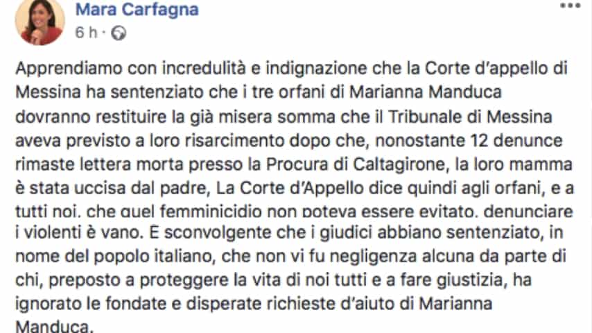 Il duro post di Mara Carfagna sulla sentenza. Fonte: Mara Carfagna/Facebook