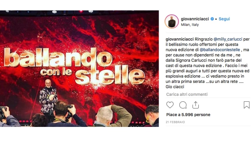 Il post di Ciacci su Ballando con le stelle. Fonte: Giovanni Ciacci/Instagram