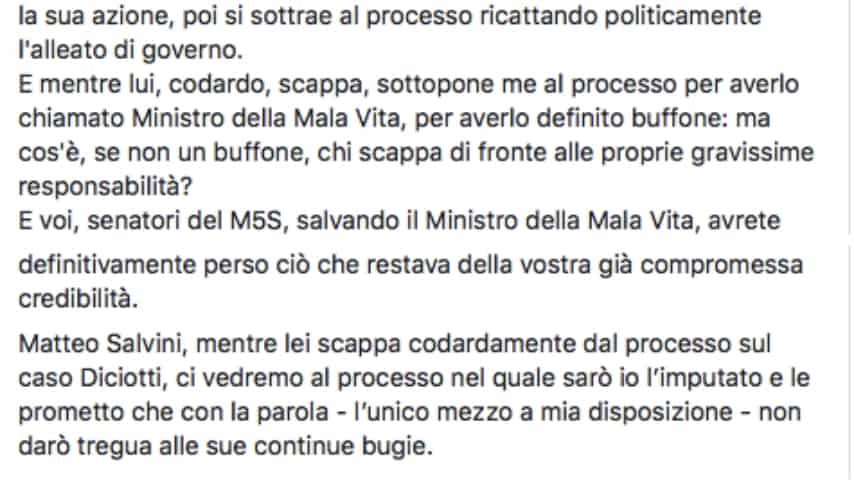 La conclusione del post di Saviano su Facebook. Fonte: Roberto Saviano/Facebook