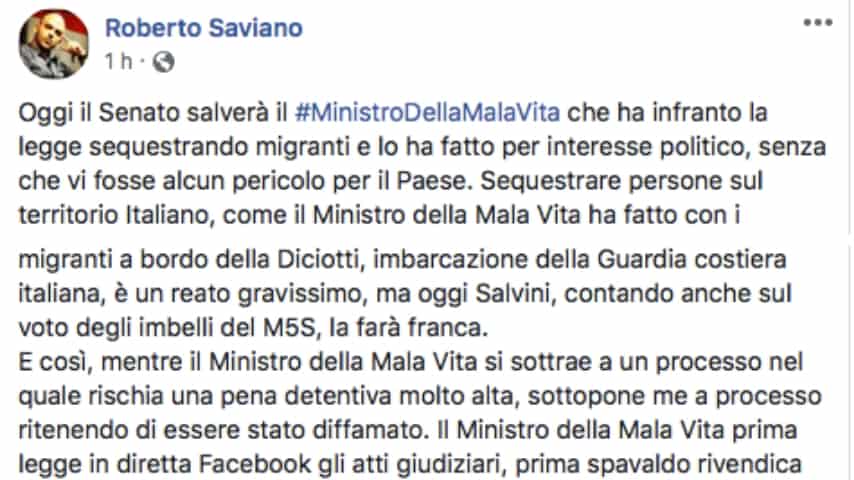 Oltre al video, Saviano ha dedicato alla vicenda anche un lungo post su Facebook. Fonte: Roberto Saviano/Facebook