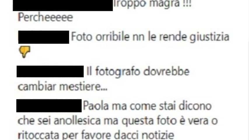 Commenti negativi a una foto di Paola Barale: "Troppo magra!!!", "Dicono che sei anoressica"