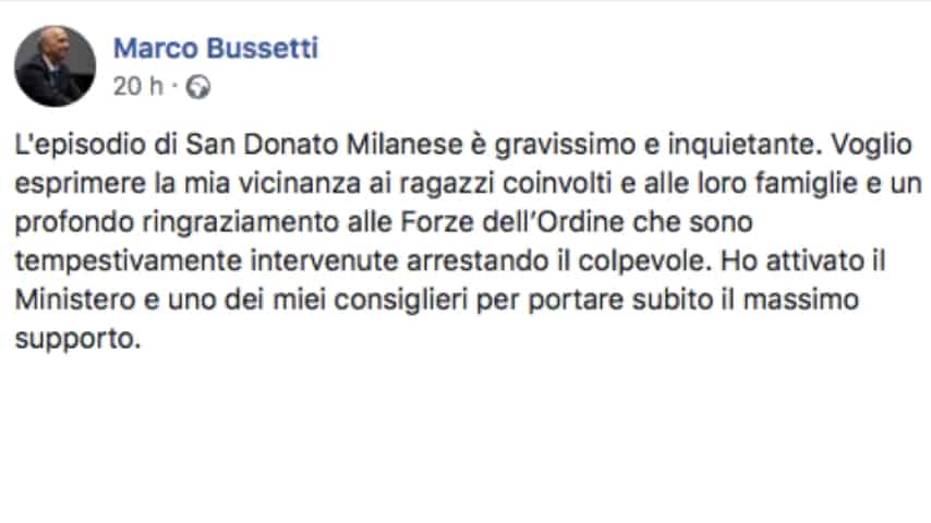 Il ministro dell'Istruzione, Marco Bussetti, sulla vicenda di San Donato Milanese. Fonte: Marco Bussetti/Facebook