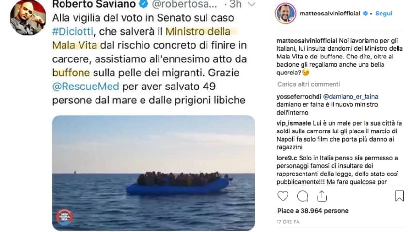 Un post di Saviano ripubblicato da Matteo Salvini. Fonte: Matteo Salvini/Instagram