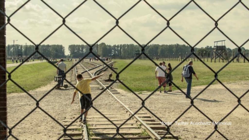 panoramica dietro delle grate sul campo di concentramento di aushwitz