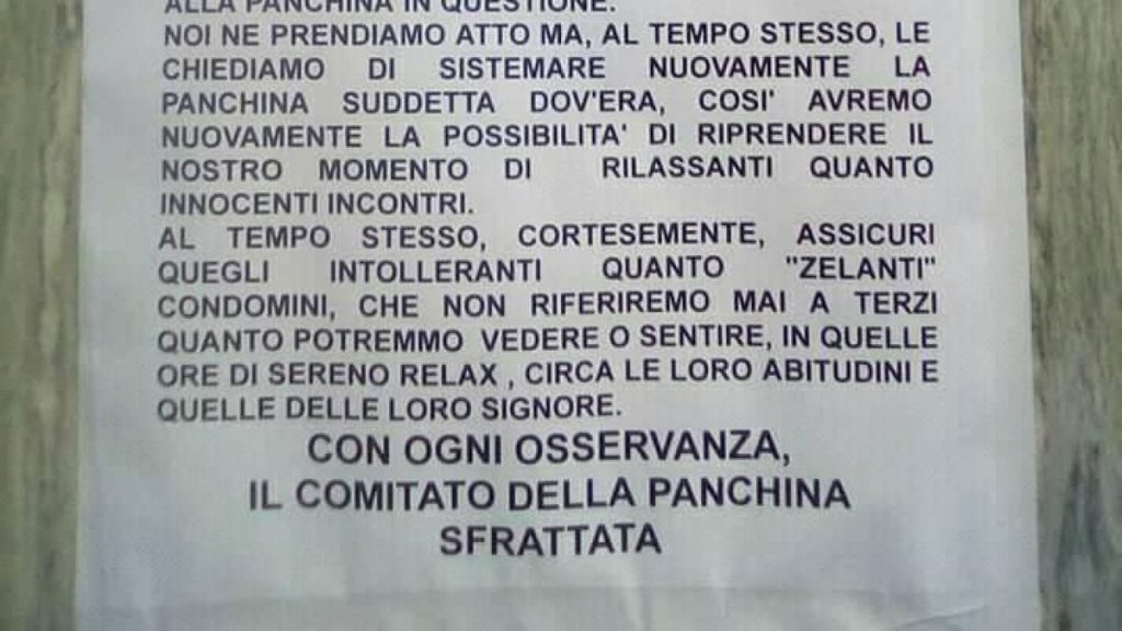 Il messaggio del Comitato della panchina sfrattata