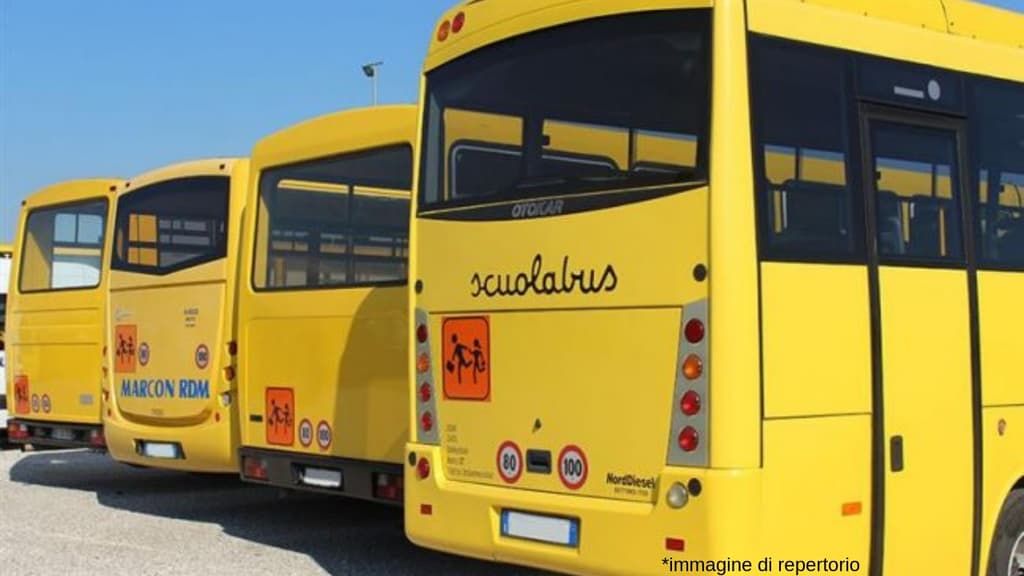 4 scuolabus gialli parcheggiati l'uno vicino all'altro