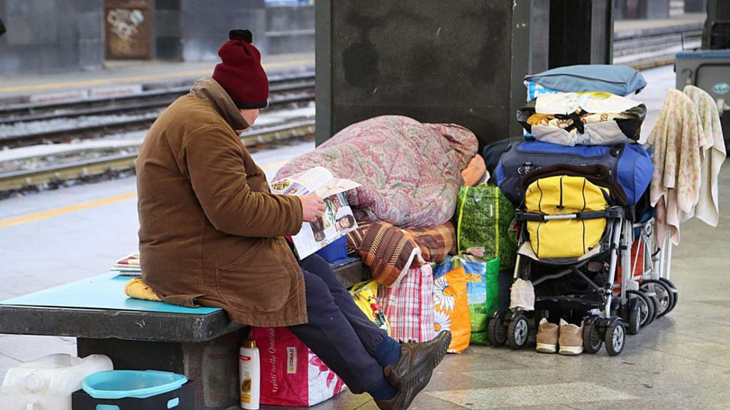 barbone su una panchina in stazione