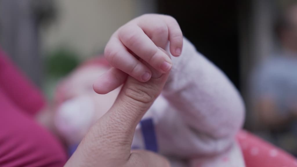 la mano di un bimbo mentre stringe il pollice di un adulto