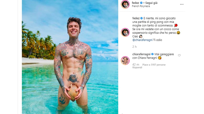Fedez posa nudo in Polinesia. Fonte: Instagram