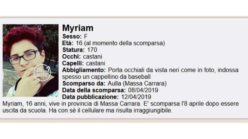 Myriam 16enne scomparsa da Aulla: l'appello della madre