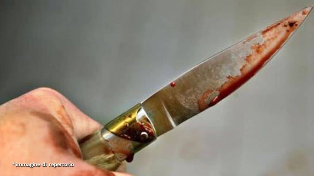 uomo impugna coltello insanguinato