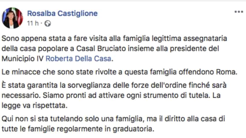 Il post dell'assessore Castiglione. Fonte: Rosalba Castiglione/Facebook