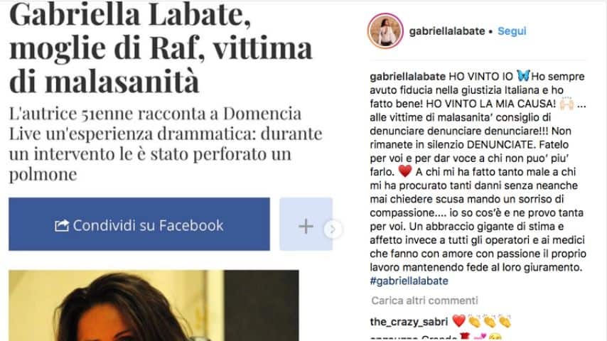 Il post su Instagram. Immagine: Gabriella Labate/Instagram