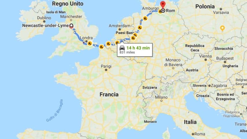 Il tragitto in auto da Newcastle a Rom. Immagine: Google Maps
