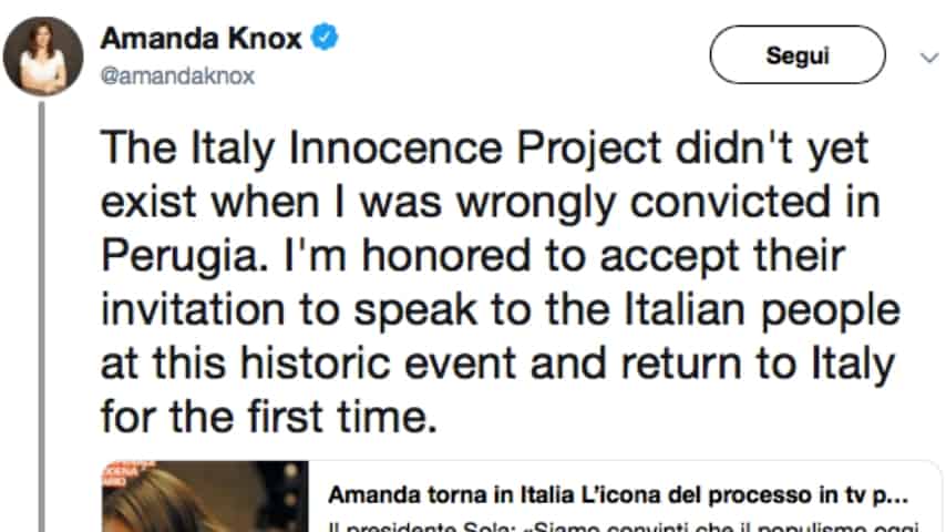 Il tweet con il quale Amanda Knox ha annunciato il suo ritorno in Italia. Fonte: Amanda Knox/Twitter