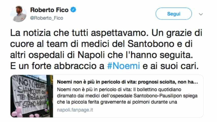 Il tweet di Roberto Fico, presidente della Camera dei deputati. Fonte: Roberto Fico/Twitter