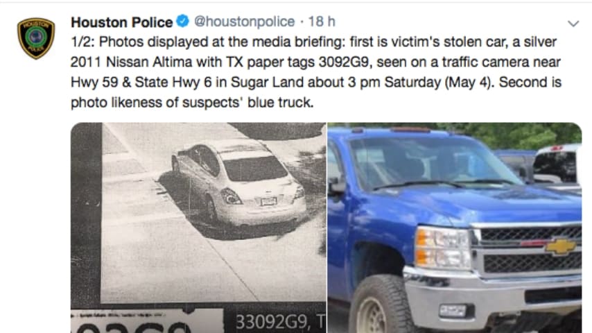 La macchina di Darion Vince e il camioncino blu dei rapitori. Fonte: Houston Police/Twitter