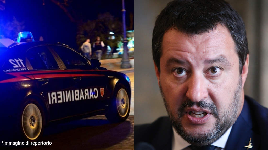 macchina dei carabinieri di notte e vicino il volto di salvini