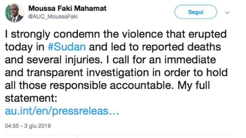 Il tweet di Moussa Faki Mahamat, presidente della Commissione dell'Unione africana. Immagine: Moussa Faki Mahamat/Twitter