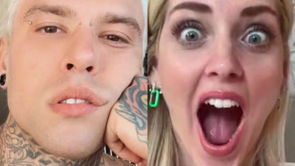 primo piano fedez e chiara ferragni a bocca aperta