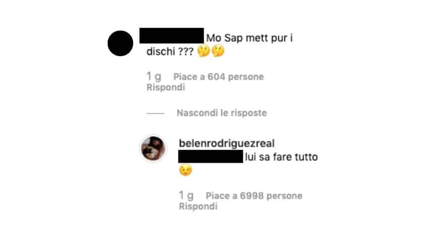 La risposta di Belen Rodriguez al commento in dialetto napoletano di uno dei suoi follower