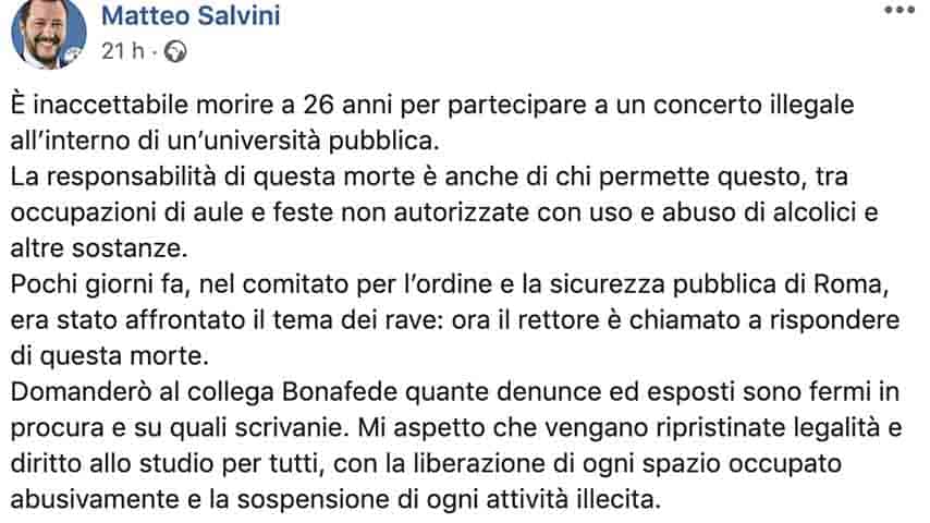 post su Facebook di Matteo Salvini