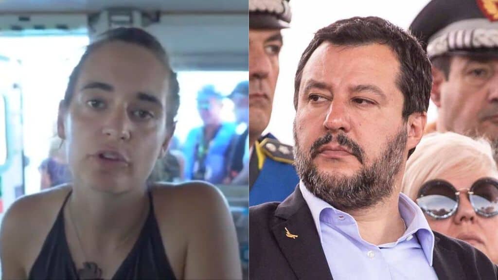 rackete in primo piano e salvini di profilo