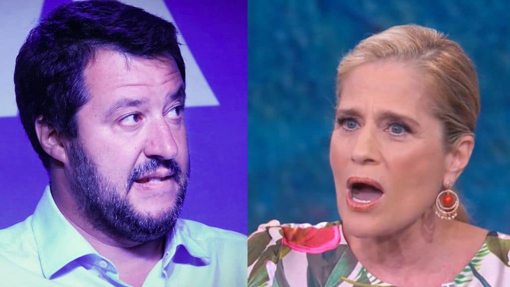 matteo salvini di profilo mentre guarda heather parisi a bocca aperta