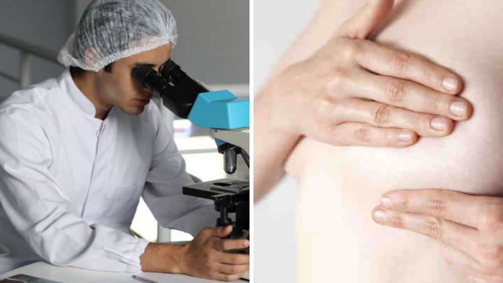 ricercatore che guarda al microscopio e donna che fa autopalpazione per il tumore