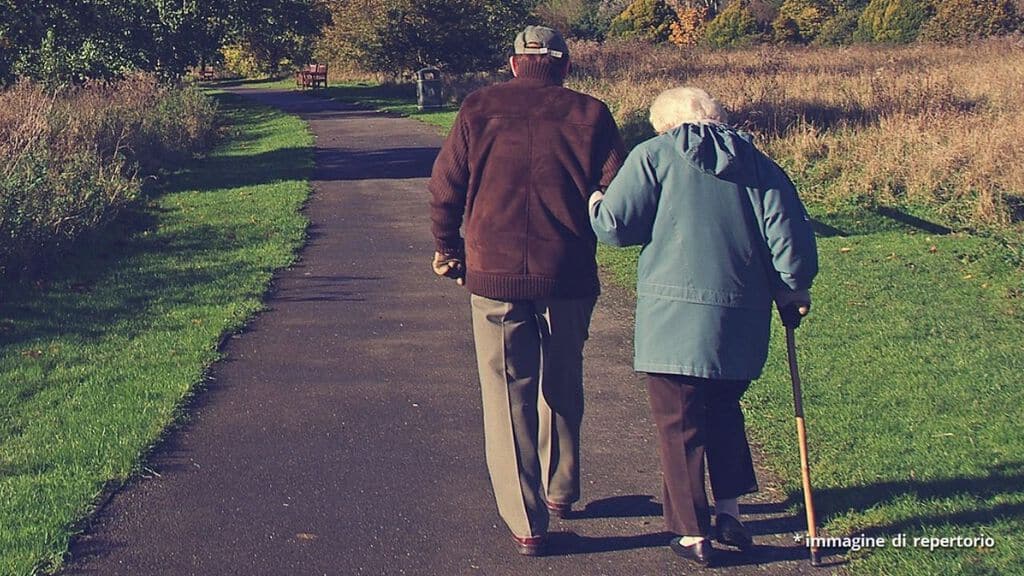 coppia di anziani a passeggio su un vialetto di campagna