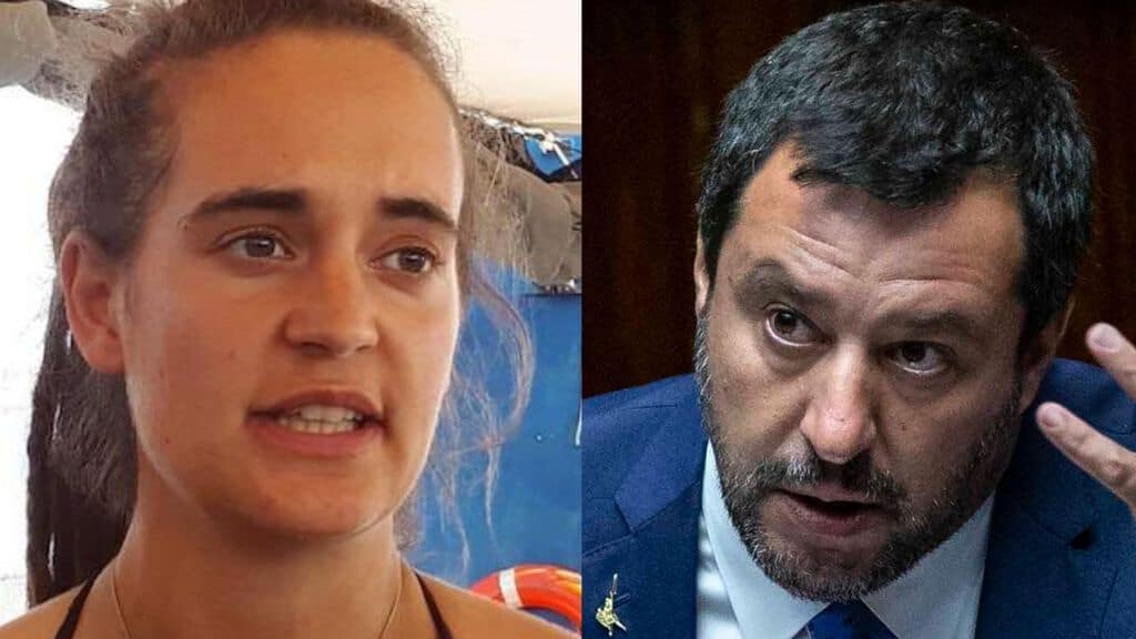 carola rackete in primo piano e salvini