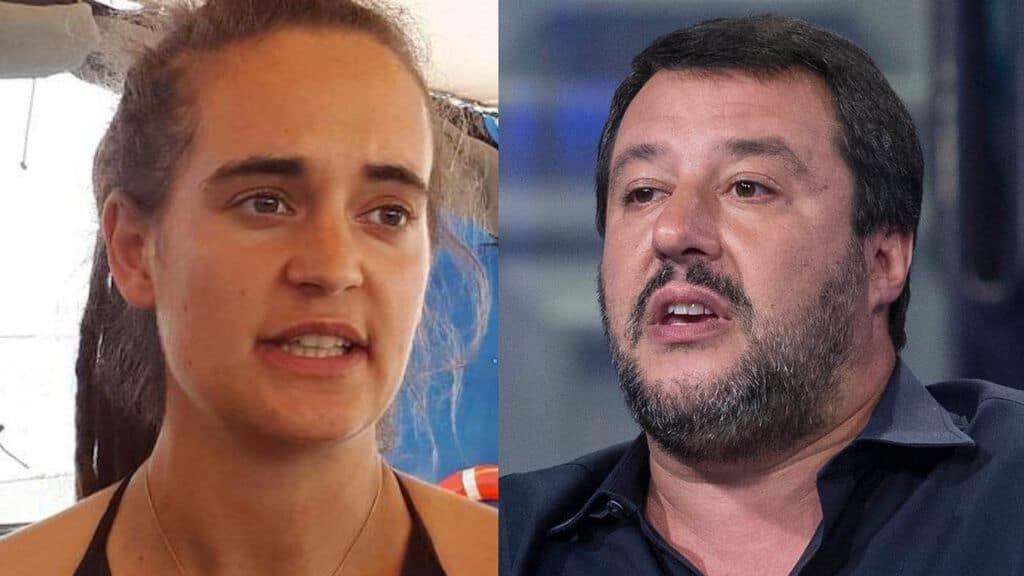 primo piano di carola rackete e matteo salvini