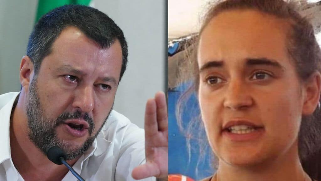 matteo salvini arrabbiato e carola rackete in primo piano