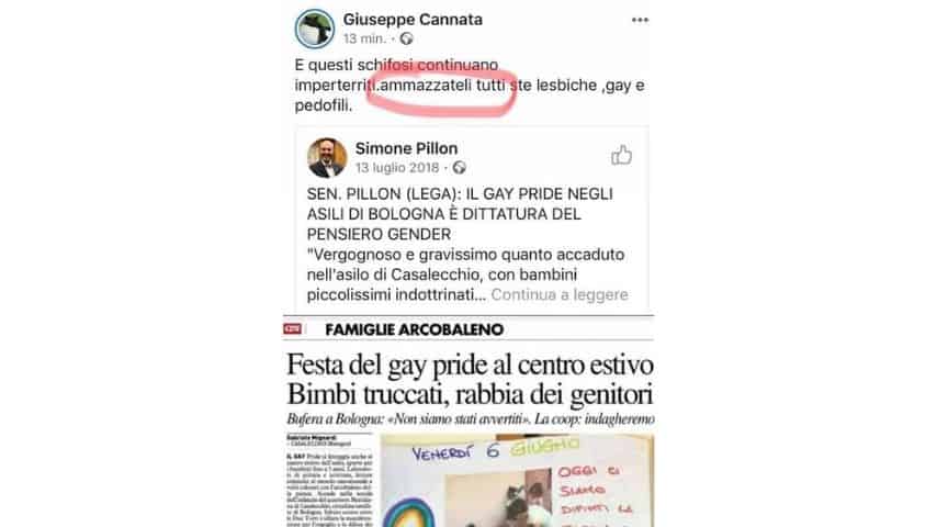 Il post su Facebook di Giuseppe Cannata cancellato dallo stesso ma fotografato e condiviso da Arcigay Valsesia.