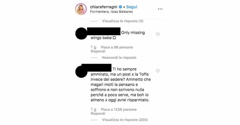 Le parole di un utente sotto al post di Chiara Ferragni