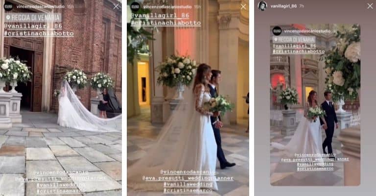 Alcuni scatti del matrimonio di Cristina Chiabotto e Marco Roscio nelle storie di Instagram dello studio fotografico che ha seguito l'evento. Fonte: Vincenzo Dascanio Studio/Instagram