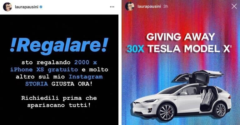 Alcune delle immagini del profilo hackerato di Laura Pausini. Fonte: Laura Pausini/Instagram