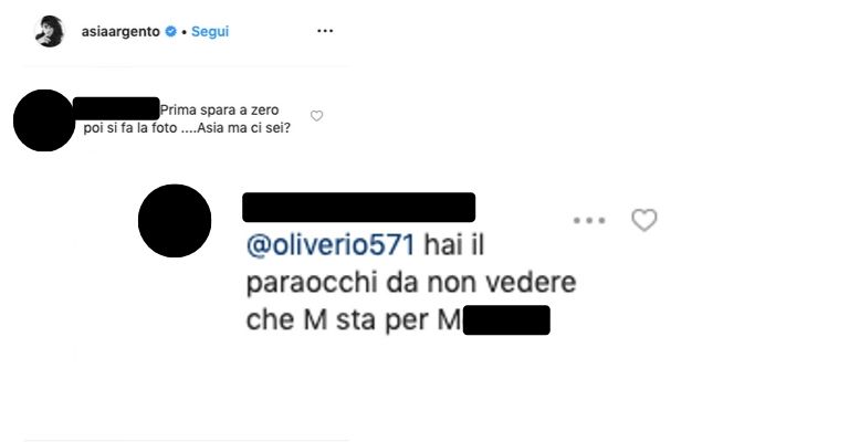 I commenti sotto il post di Asia Argento. Foto: Instagram Asia Argento