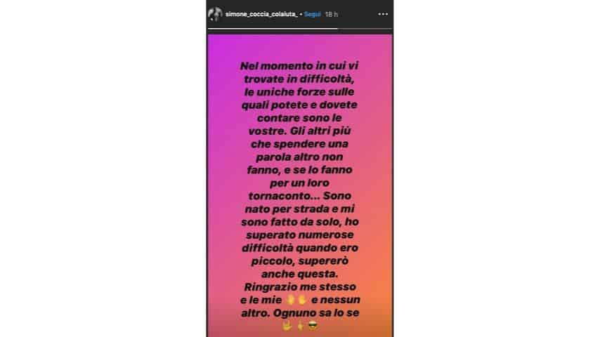 Lo sfogo comparso nelle Instagram stories di Simone Coccia Colaiuta