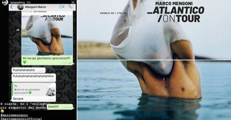 A sinistra la conversazione tra Tiziano Ferro e Marco Mengoni, a destra la copertina di Atlantico On Tour. Fonte: Tiziano Ferro/Instagram