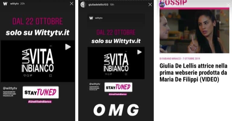 L'annuncio della web serie in cui Giulia De Lellis sarà una dei protagonisti. Fonte: WittyTv, BitchtF, Giulia De Lellis/Instagram