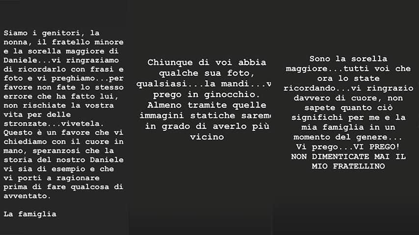 Messaggi su Instagram della famiglia di Daniele Burelli